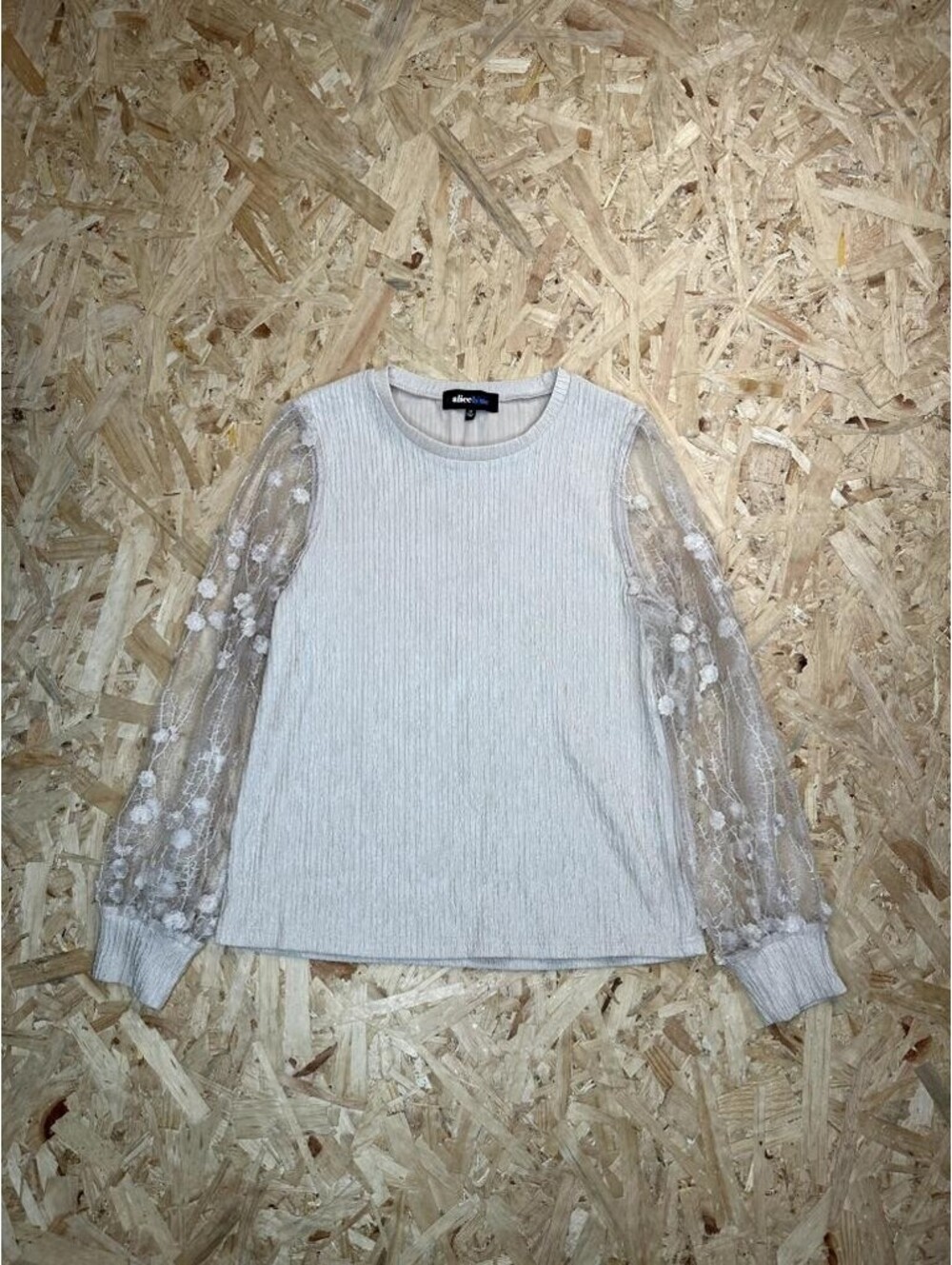 Alice Blue Womens Medium Beige Ribbed Knit Top Sheer Floral Lace Long Sleeve